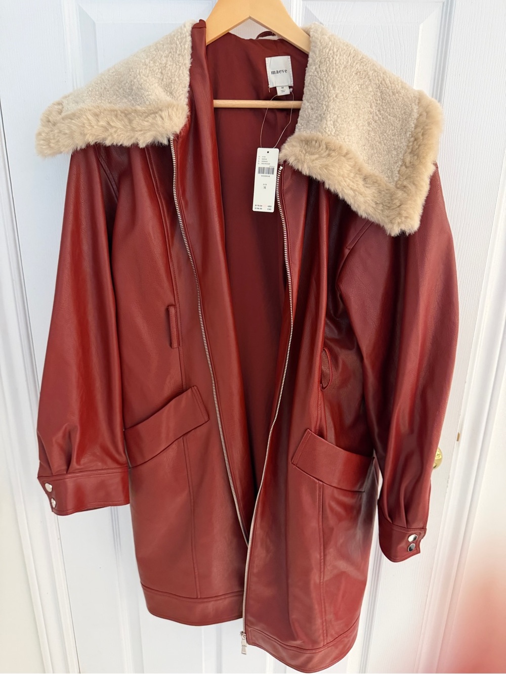 Maeve Red Faux-Leather Coat with Cream Shearling Collar
